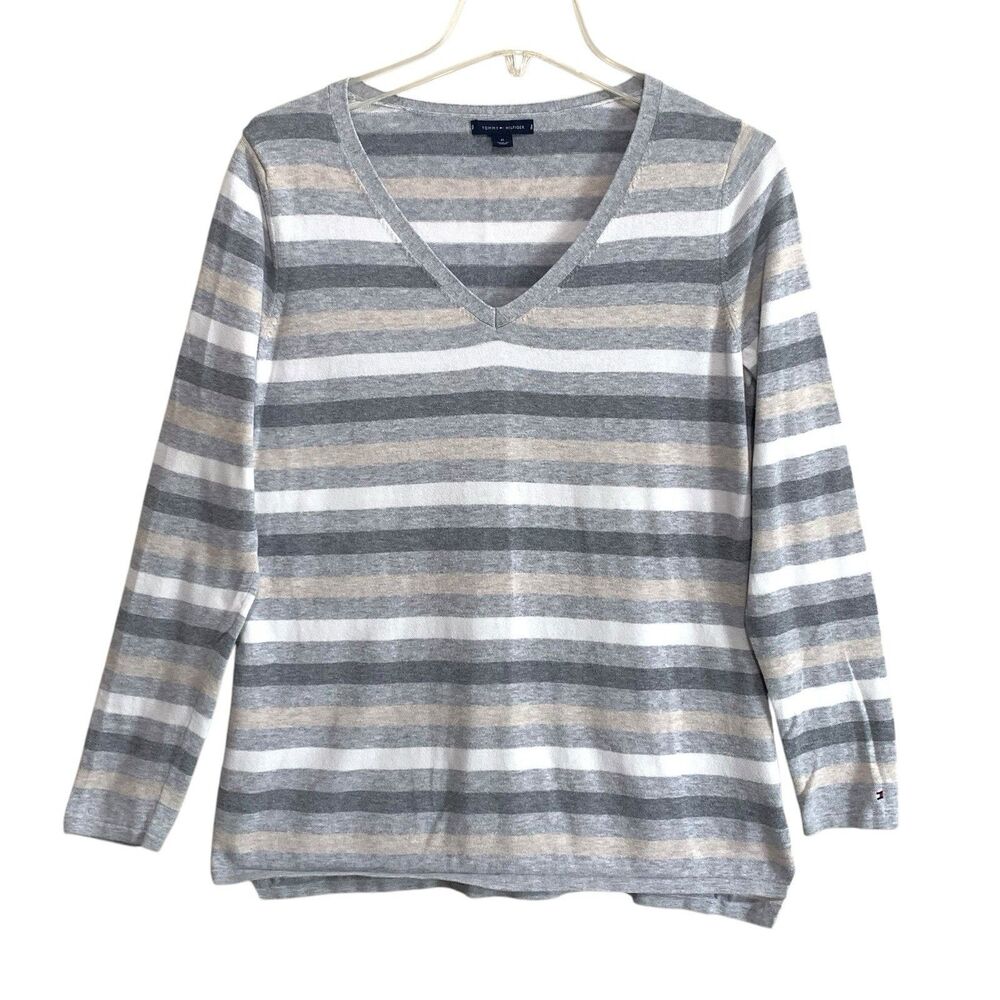 Tommy Hilfiger Sweater Top Womens Sz Medium Long Sleeve Striped V-Neck Gray Tan